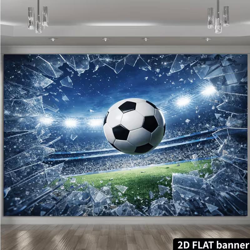 2D Fußballstadion Wandteppich, Fußball der durch eine Glaswand bricht Wandbehang