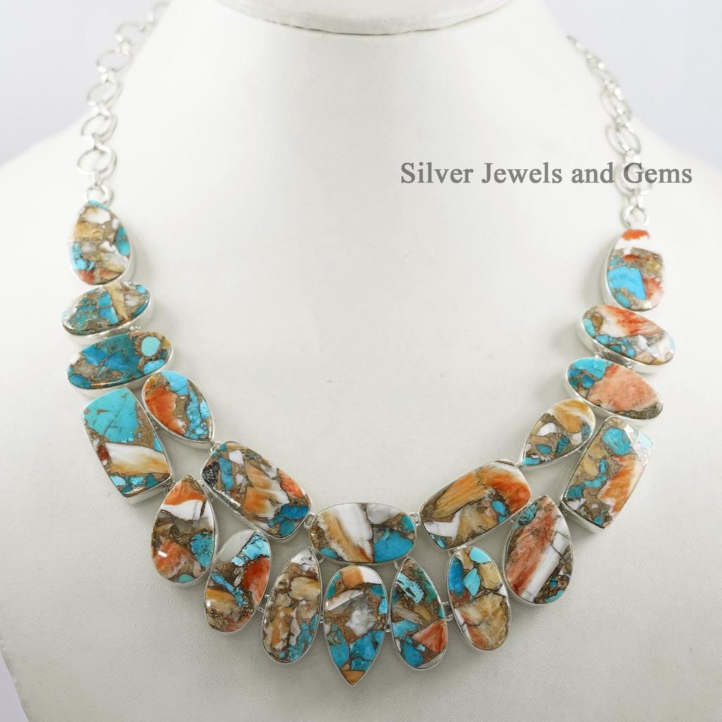 Oyster Copper Turquoise Sterling Silver Necklace, Multi Stone Cluster, Designer Wedding Jewelry