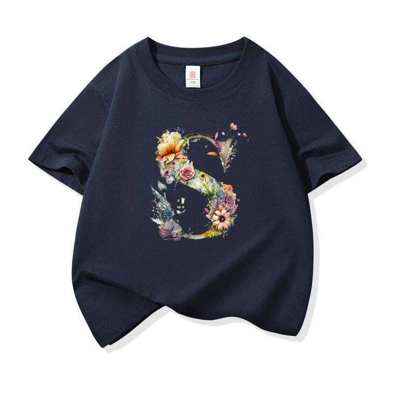 Kids Cotton T Shirt Floral Letter S Print Crew Neck Short Sleeve Tee Casual Boys Girls Summer Tops