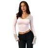 2026 Womens Sexy Lace Patchwork Slim Fit Long Sleeve T-Shirt Street Style Crop Top Daily Wear