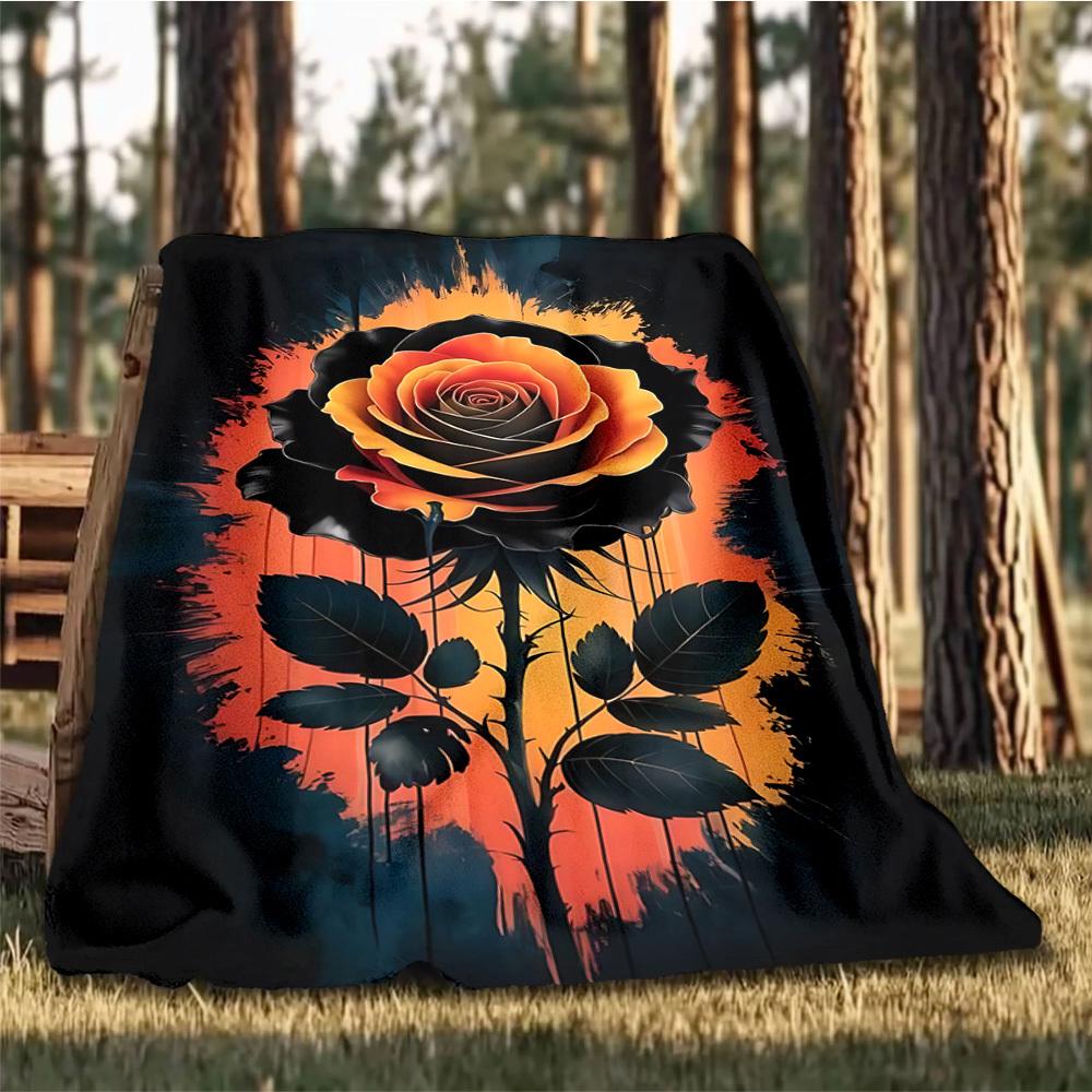 1pc Black Rose Art Print Outdoor Flannel Blanket Soft All Season Polyester Throw , Perfect for Picnics & Travel , Picnic Accessory