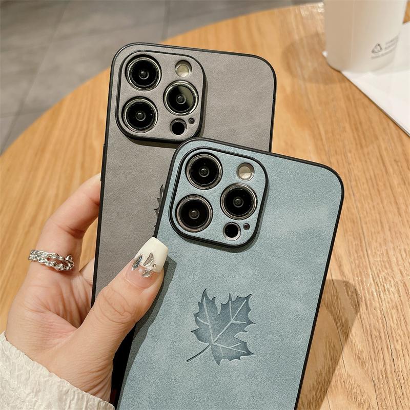 Luxury Matte Soft Suede Leather Maple Leaf Pattern Case For iPhone 15 14 Plus 13 11 12 Pro X XS Max XR Shockproof Silicone Cover