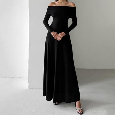 Autumn Winter Women Sexy Off Shoulder Maxi Flare Dress Solid Black Strapless Long Sleeve Dress For Women Party Dresses
