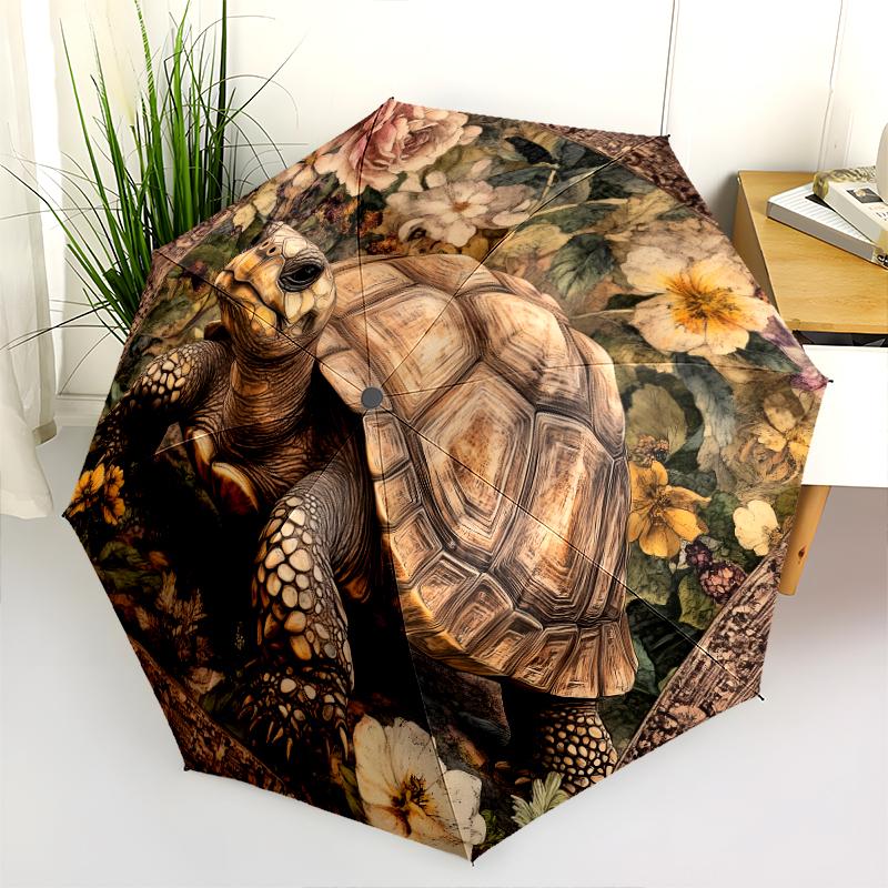 Turtle and Flower Pattern, Automatic Folding Umbrella, Portable and Foldable Design, 8 Ribs, a Christmas or Birthday Gift.