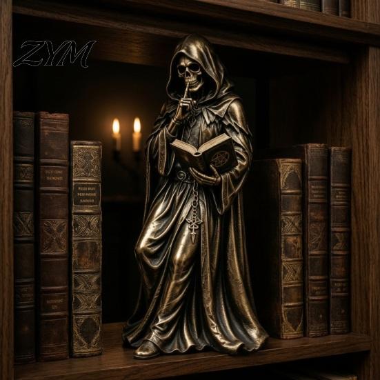 Haunted Bedroom Display Gothic Hooded Reaper Reading Book Resin Statue, Mystical Wizard Skull Figurine Horror Themed Bookshelf Ornament Desktop Decor,