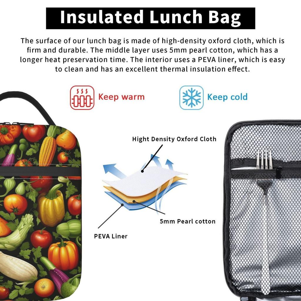 Fresh Vegetable Pattern Insulated Lunch Bag for Women Kids Portable Food Boxes Thermal Lunch Box Tote