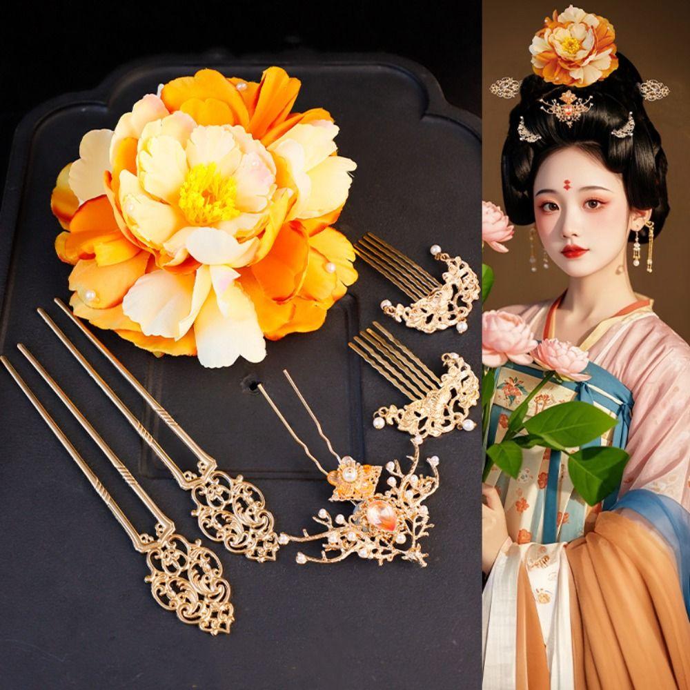 1 Set Pearl Tang Dynasty Hairpin Classical Flower Hair Comb Vintage Ancient Hair Stick  Women