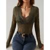 Blusa Elegante da Donna a Scollo a V Manica Lunga in Pizzo Floreale Slim Fit con Bordi a Festone Top Trasparente da Sovrapporre