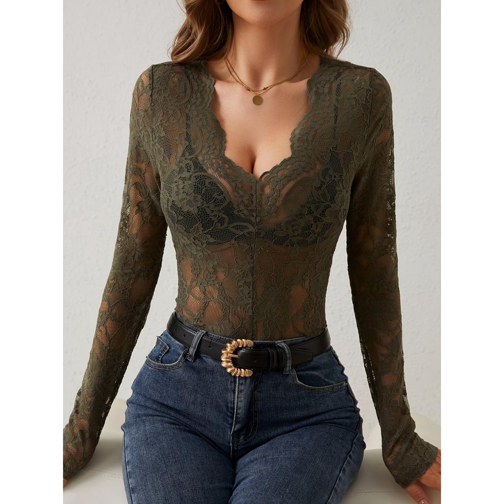 Blusa Elegante da Donna a Scollo a V Manica Lunga in Pizzo Floreale Slim Fit con Bordi a Festone Top Trasparente da Sovrapporre