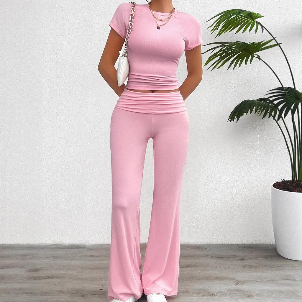 Women's Spring and Summer Yoga Sports Style Pure Color Short-sleeved Wide-leg Pant Suit