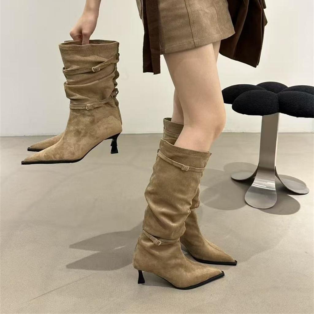 Pointed High Heel Khaki Pile Boots Women's Boots 2025 Autumn/Winter Skirt Skinny Knight Medium Boots