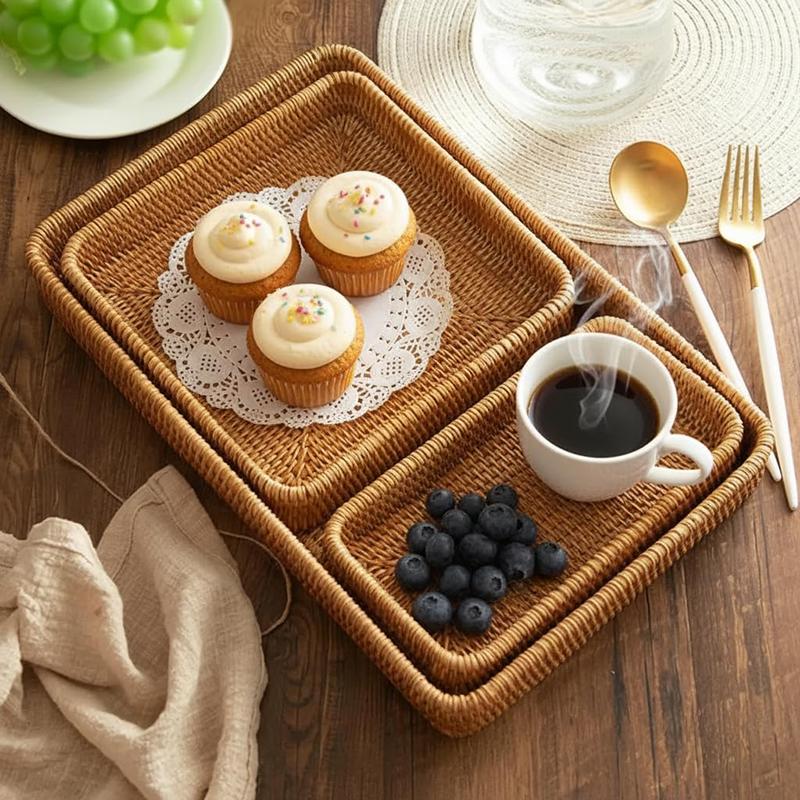 Handcraft Rattan Serving Tray, Wicker Storage and Organizing Baskets, Woven Tray for Home Decor, Bathroom, Kitchen Counter