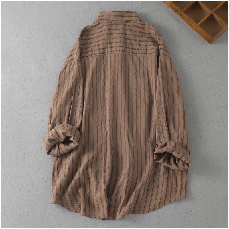 Camicia da Donna Estiva in Lino a Manica Lunga Top a Righe Ampia Casual Versatile Giacca Parasole Camicia