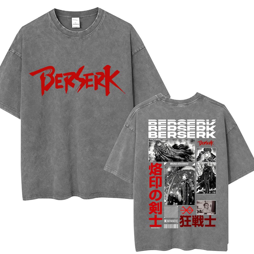 Vintage Washed Anime Berserk Guts T Shirt Swordsman Gatsu Sacrifice Zodd Harajuku TShirt Men Women Loose Cotton Tees Streetwear