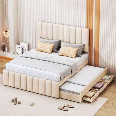Upholstered Bed 140 X 200 Cm with Pull-Out Bed And Drawers, Skin-Friendly Linen Upholstery, Double Bed, Children Bed, Youth Bed, Guest Bed (Beige)