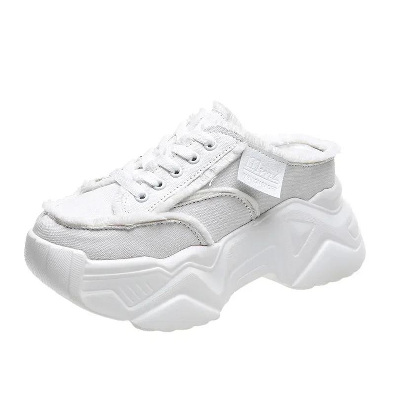 

2024 Новые парусиновые туфли на платформе, удобные высокие каблуки, женские шлепанцы, толстая подошва, белые женские тапочки, новые полутапочки на танкетке со шнуровкой 35 белый