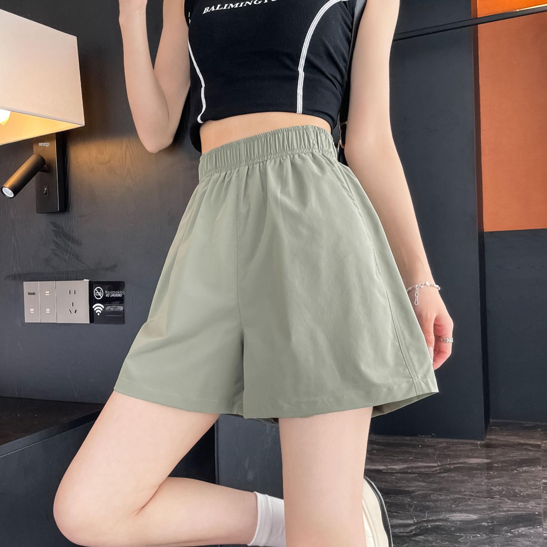 

Yamoto Женские летние шорты 2025 с высокой посадкой, быстросохнущие, из ледяного шелка, с широкими штанинами L зелёный