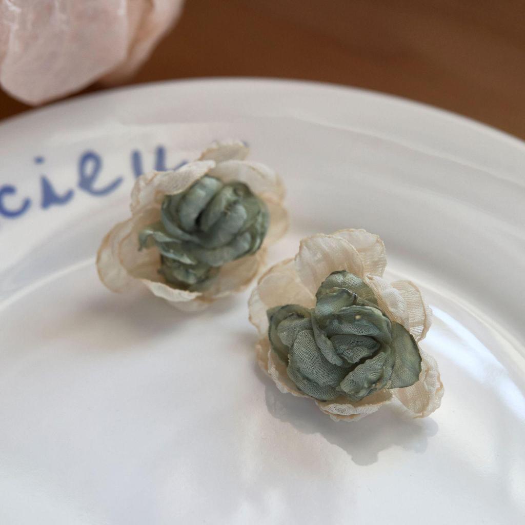 Camellia Bloom Fabric Flower Earring: Mori Style Mosquito Coil Ear Clip for Women