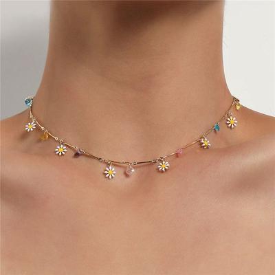 Lovely Temperament Short Choker Necklace Beaded Colorful Paintings Daisy Flowers