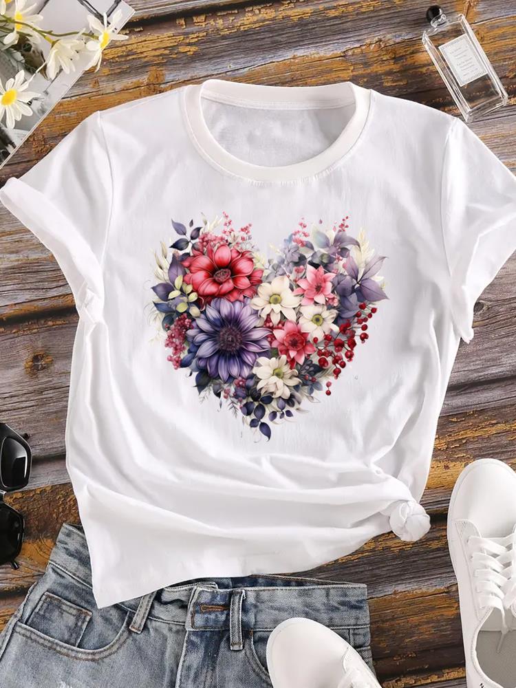 (Asian Size) T-shirts Printed Clothing Lady o-neck Short Sleeve Female Top love heart flower Casual T Shirt Fashion Women Graphic Tee