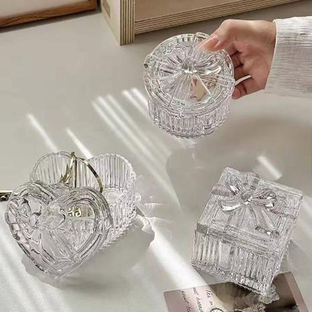 3Pcs Transparent Crystal Glass Jewelry Storage Box Heart-Shaped Exquisite Bowknot Mini Storage Jar Decorative with Lid