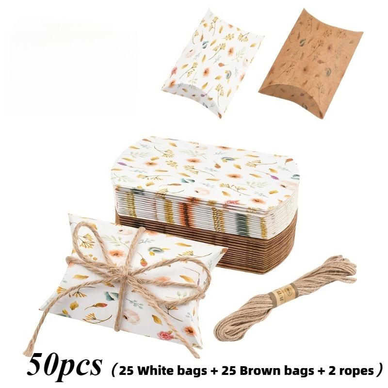 

50/100 Pack 2 Colors Flower Print Paper Pillow Gift Boxes Packaging with Jute Cord for Jewelry Packaging Bag Wedding Favor Boxes 8x5.5x2CM