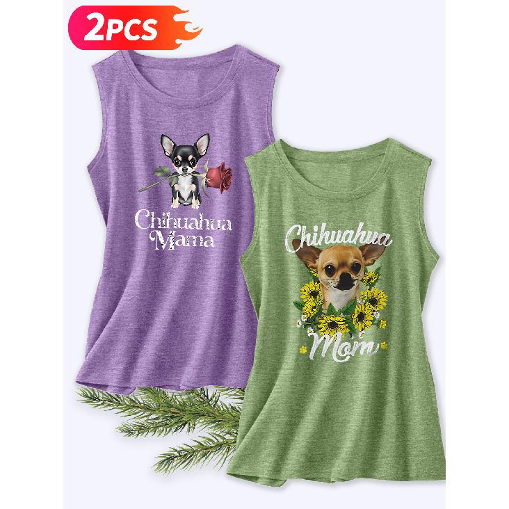 Follow a Specific Direction Two-piece Women's Vest Set Chihuahua Sunflower Rose Print Elegant Summer Party Outfits Sleeveless Vest Essential Fashion