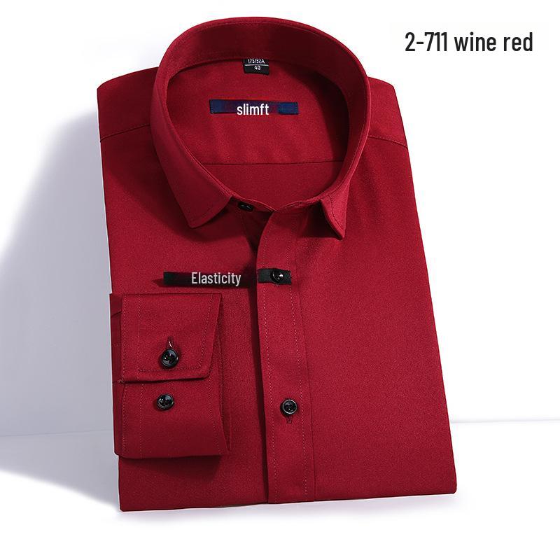 Men's Slim Fit Long-Sleeve Business Shirt with Pocket - Solid Color for Spring and Autumn