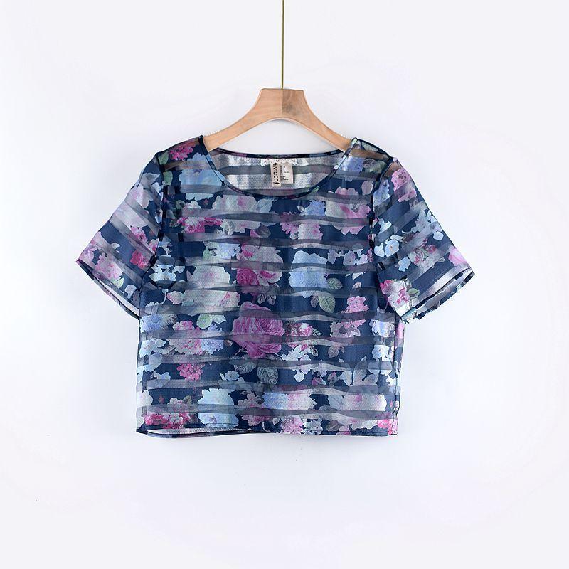 

T1 Organza See-through Print Loose Short Sleeve Blouse Print Blue 34(160/80A)