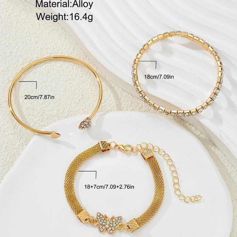 3pcs/Set Luxury Fashion Minimalist Charm Rhinestone Butterfly  Heart Layered Bangle Bracelet High-End Accessory Set for Women