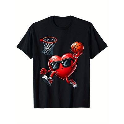 T-shirt Graphique Basketball Cœur Rigolo Dunking Tailles Européennes - pour Hommes Noir Décontracté Extérieur avec Design Cartoon Ludique, Vêtement Polyvalent