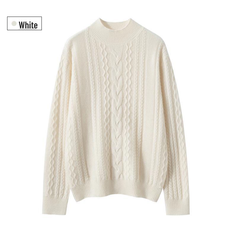 Women's Solid Color Twisted Flower Cable Knit Cashmere Sweater, Thickened Half-High Collar Slim Fit Base Layer Top