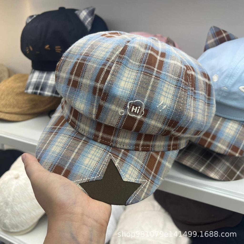 Sweet plaid star newsboy hat women's new retro old octagonal hat embroidery versatile face little beret