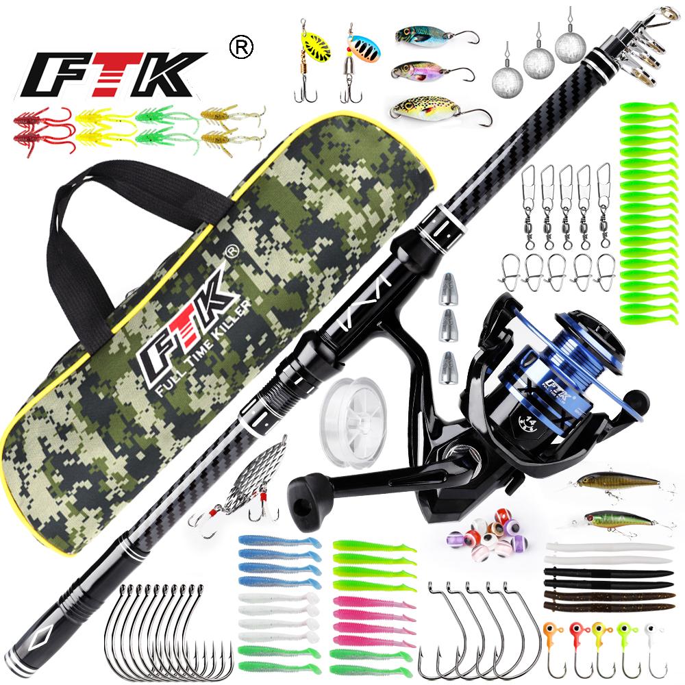FTK 106pcs 1.8m Fishing Rod and Reel Float Lure Set Carbon Fiber Telescopic Fishing Rod  Spinning Reel for Saltwater Freshwater