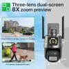 Nuova telecamera IP 4K 9MP HD EU Telecamera IP esterna Zoom 8X Tre lenti Doppio schermo Wifi Telecamera PTZ 4MP Luce della polizia Allarme Video sorveglianza Onvif ICSEE