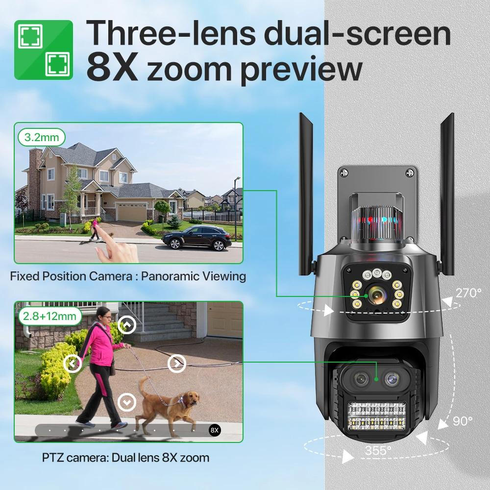 Nuova telecamera IP 4K 9MP HD EU Telecamera IP esterna Zoom 8X Tre lenti Doppio schermo Wifi Telecamera PTZ 4MP Luce della polizia Allarme Video sorveglianza Onvif ICSEE