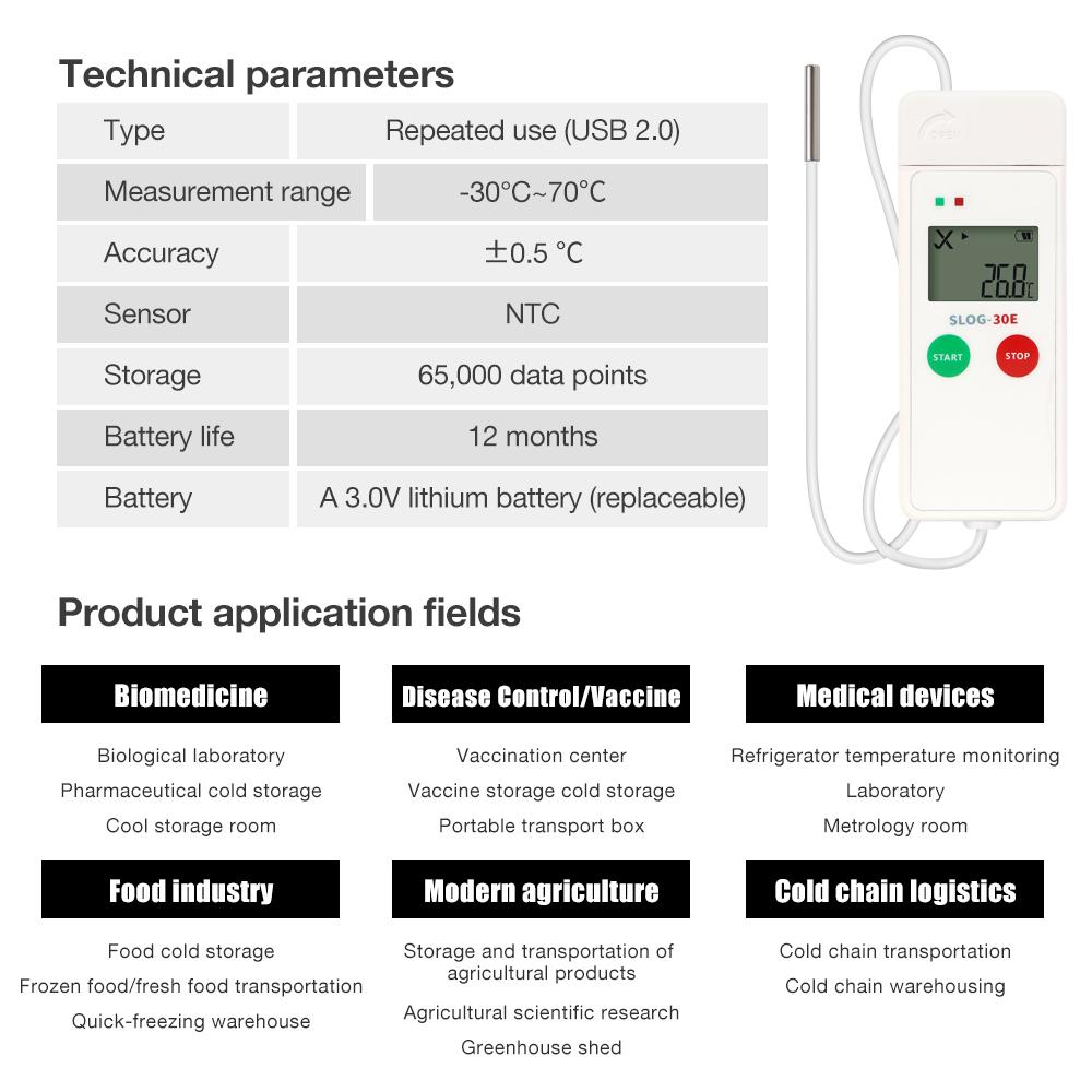 LCD Display USB Temp Data Logger 65000 Sets Datalogger PDF Report -30~70℃ Temperature Recorder for Food Medicine Cold Chain