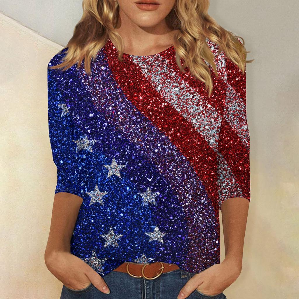T-shirt Top Décontracté Tendance pour Femme Imprimé Drapeau Américain et Étoiles Fête de l'Indépendance Manches Trois-Quarts Col Rond