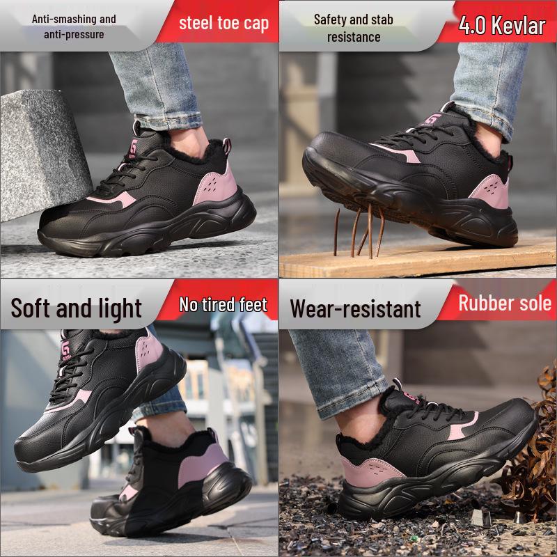 Zimowe buty robocze damskie: Anty-zmiażdżeniowe, Anty-przebiciowe, Wyściełane aksamitem, Odporne na ścieranie, Wygodne Buty Bezpieczeństwa na Place Budowy