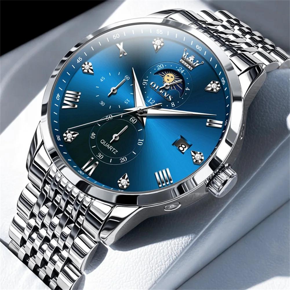 OLEVS Herrenuhren Top-Marke Mode Original Quarzuhr für Mann Wasserdicht Leuchtend Mondphase Datum Chronograph Armbanduhr