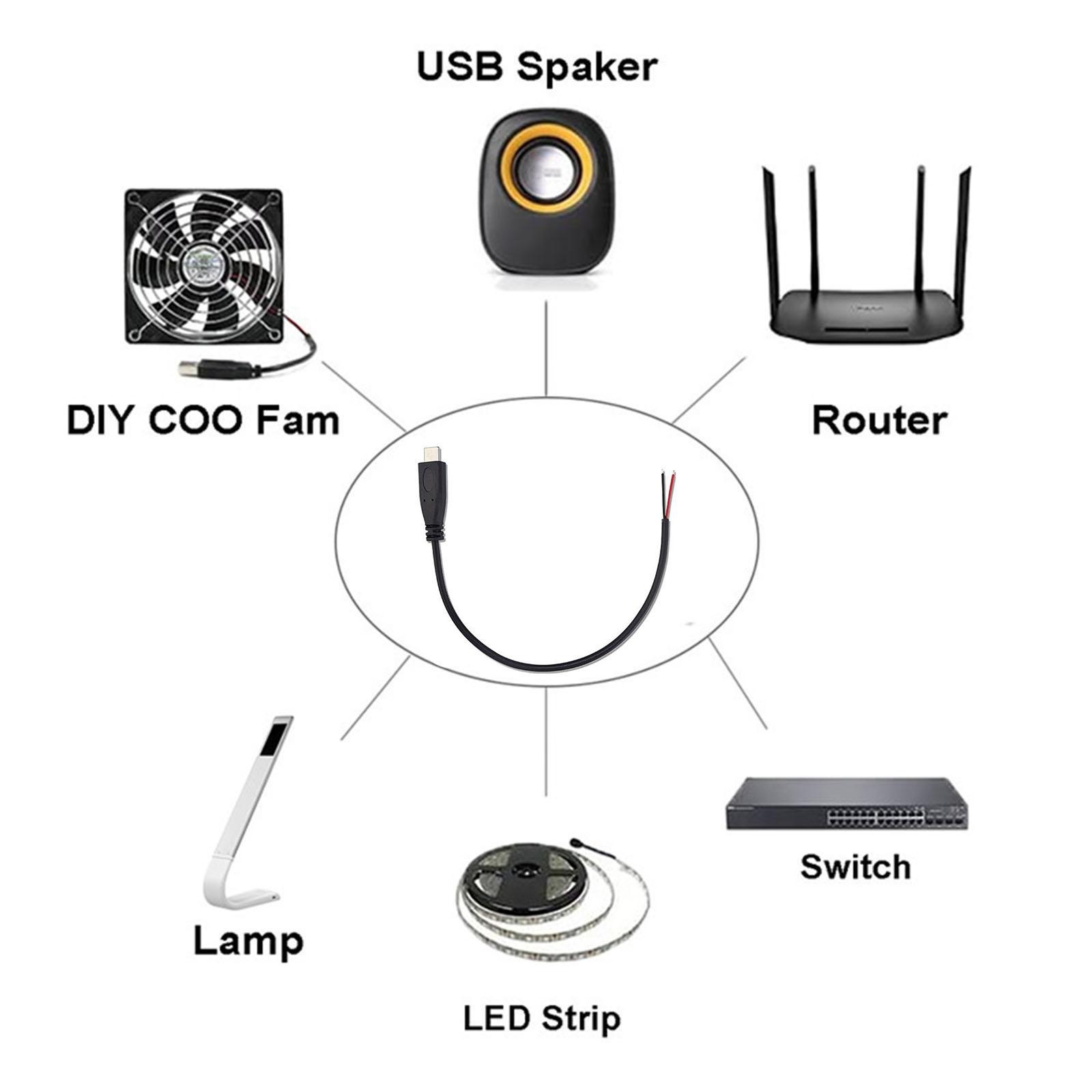 

25cm/1m/2m Type C Male to Open End 2Pin Power Cable Extension Cord Wire 5V 3A 22AWG for LED Light Routers Fan Camera 25CM-B