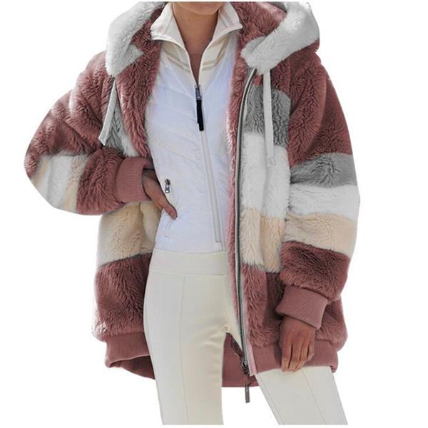 Women's Plush Jacket Winter Warm Coat  Fashion Loose Plush Multicolor Hooded Jacket