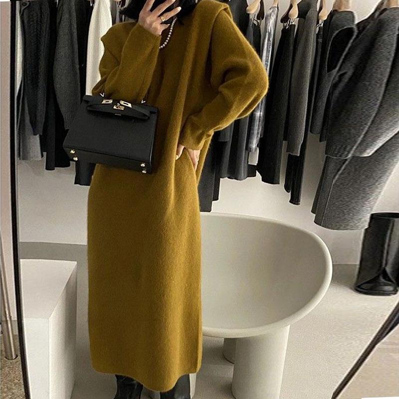 Knitted Sweater Solid Color Medium Long Dress Over Knee Pullover Knitted Loose Base Over Knee Solid Color Women