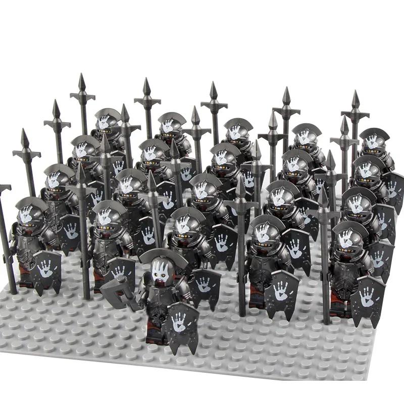 21Pcs/lot Dane Iron Feet Eomer Rohan Warriorr Vs Uruk Hai Army Figrues With Shield Sword Bow Spear Building Blocks Toys for Kids