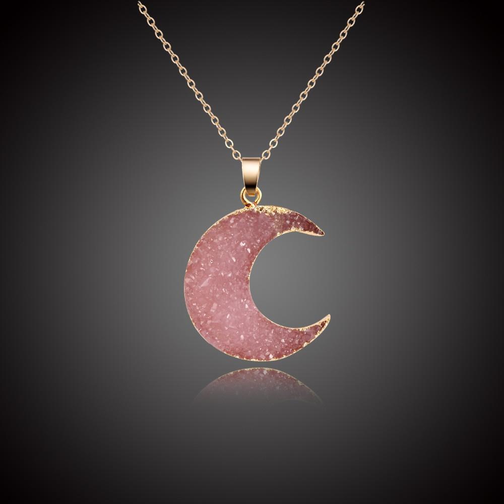 Exquisite Moon Shape Stone Female Link Chain Pendant Necklace With Drusy Charm
