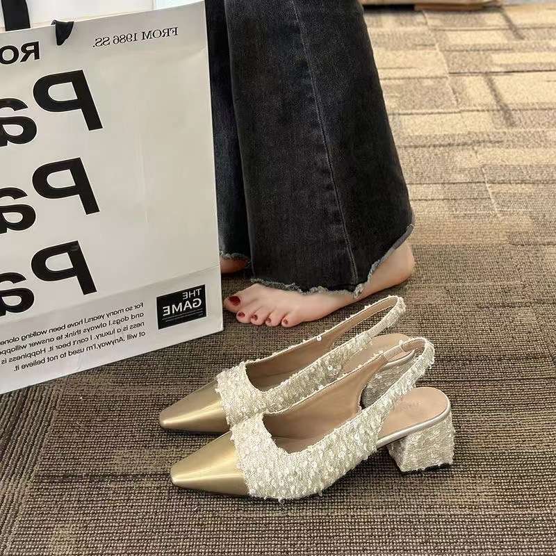 French medium high heel white bag head sandals fairy shoes 2025 spring and summer small fragrant temperament with skirt single shoes