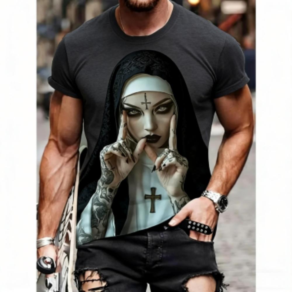 

Summer Europe America Nun Print Men s T-Shirts Fashion Street Short-Sleeve Outdoor Casual Tops Men s and Women s Tees Top XXS