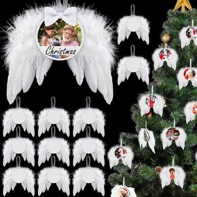 12 conjuntos de asas de anjo brancas, decoração de árvore de natal, ornamento suspenso, festa de casamento, asa de pena com placa de sublimação térmica em branco