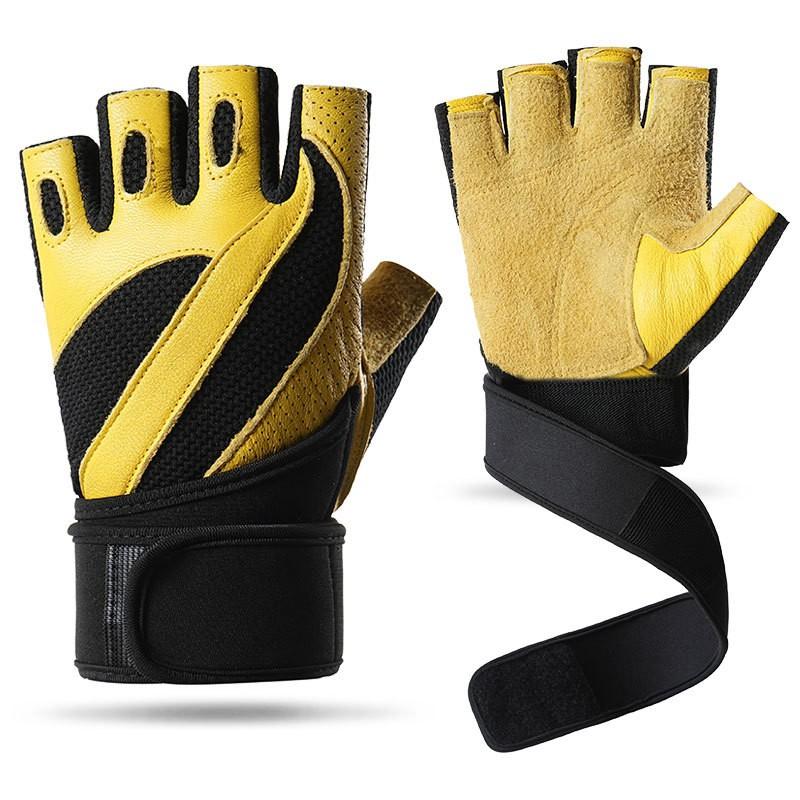 Mens Half-Finger Gym Gloves Weightlifting Cycling Training Anti-Slip Breathable Goat Leather Workout Protection