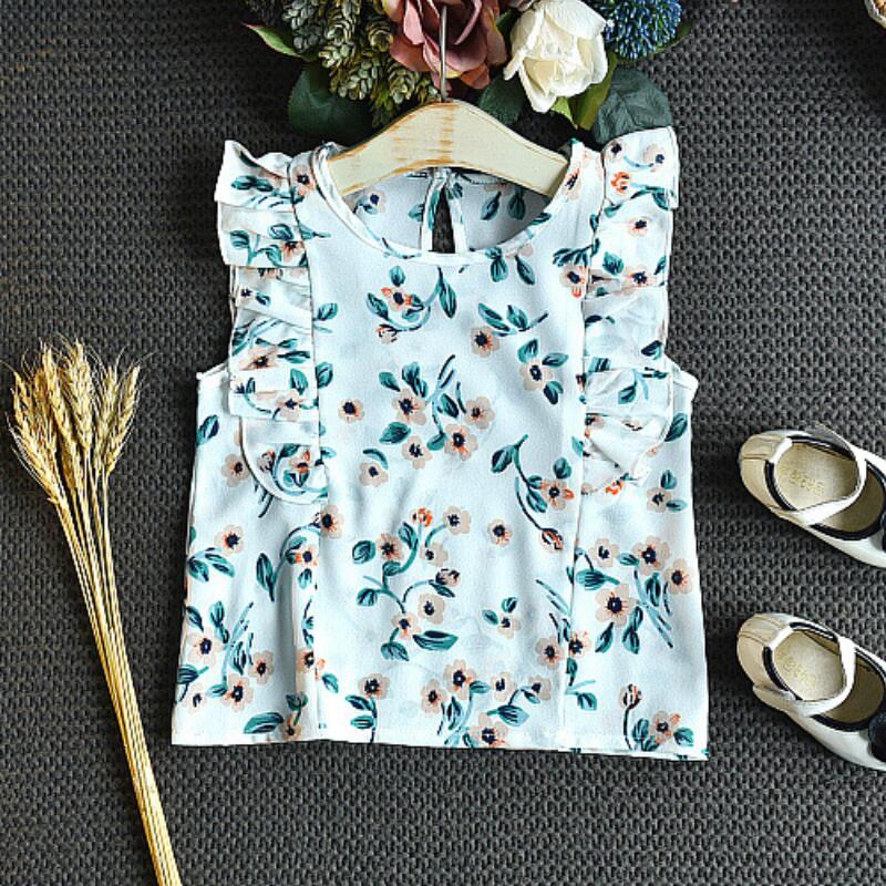Girls Clothing Ruffle Sleeveless T-shirt+Skirt 2PCS Sets Baby Girls Clothes Chiffon Flower Print Toddler Outfits Children